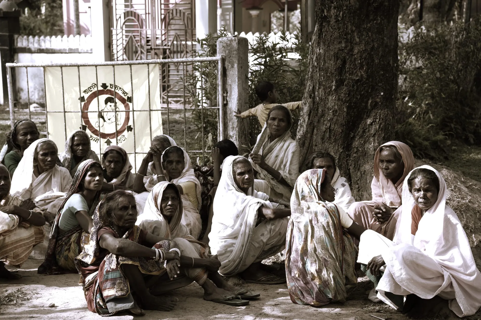 Women of the tea garden community seated together under a tree